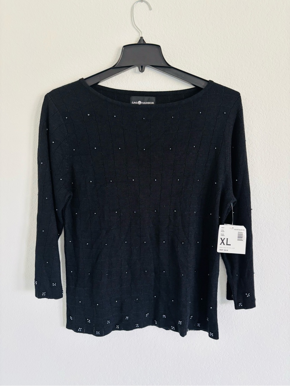 Sag Harbor Y2K Beaded Knit Sweater Black Crewneck Texturized Pullover XL NWT